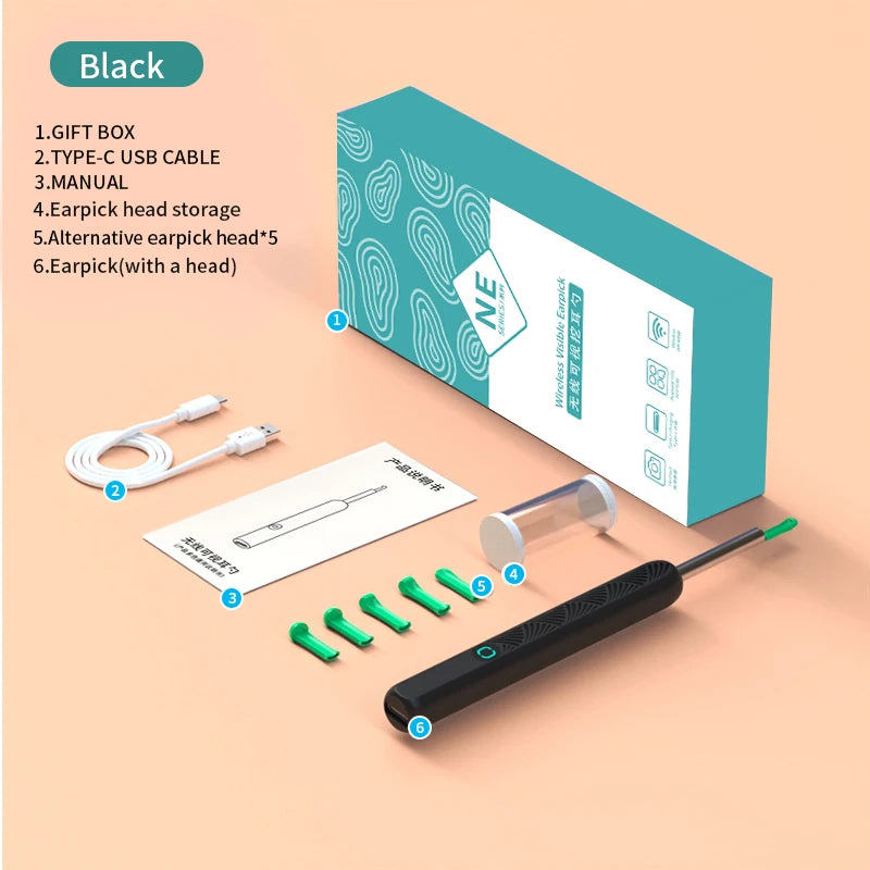 Trådløs ørepropprenser med 1296P kamera, USB-C lading og WiFi