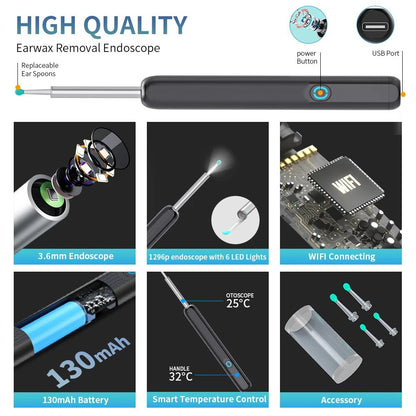 Trådløs ørepropprenser med 1296P kamera, USB-C lading og WiFi